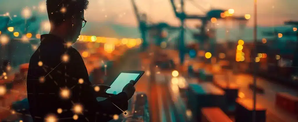 Um integrador solar usando um tablet na frente de uma ponte com uma cidade ao fundo